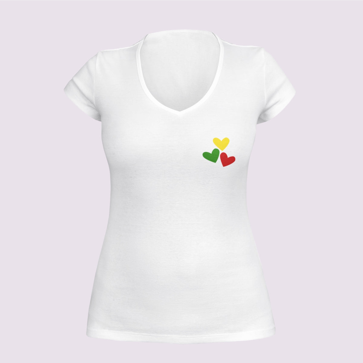 Balti moteriški marškinėliai su V kaklu "Trys lietuviškos širdelės" PASKUTINIAI VIENETAI (Imperial V)