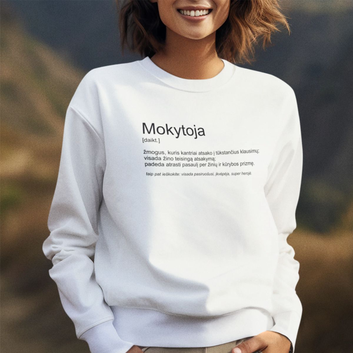 Baltas UNISEX džemperis be gobtuvo "Mokytoja" Pagaminta prekė (2XL dydis)