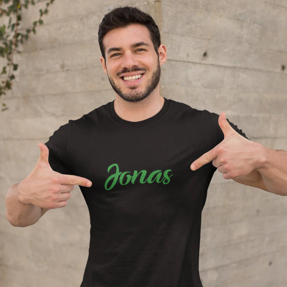 Juodi UNISEX Premium marškinėliai su aksominiu žaliu marginimu "Jonas"(L dydis). Pagaminta prekė. Greitas išsiuntimas!