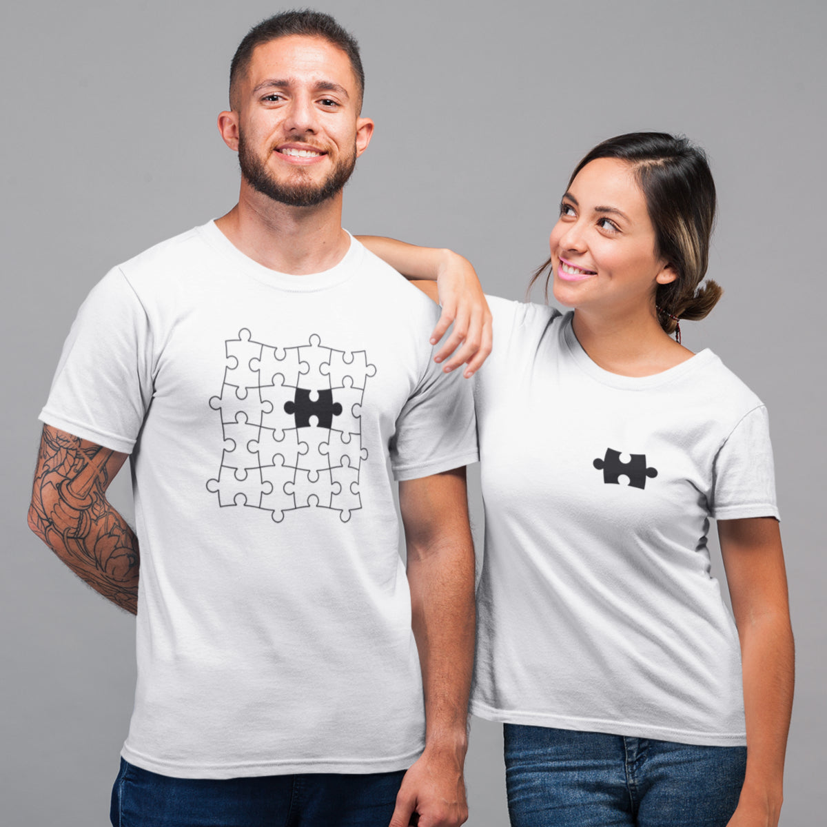 Balti unisex marškinėliai poroms „Dėlionė“