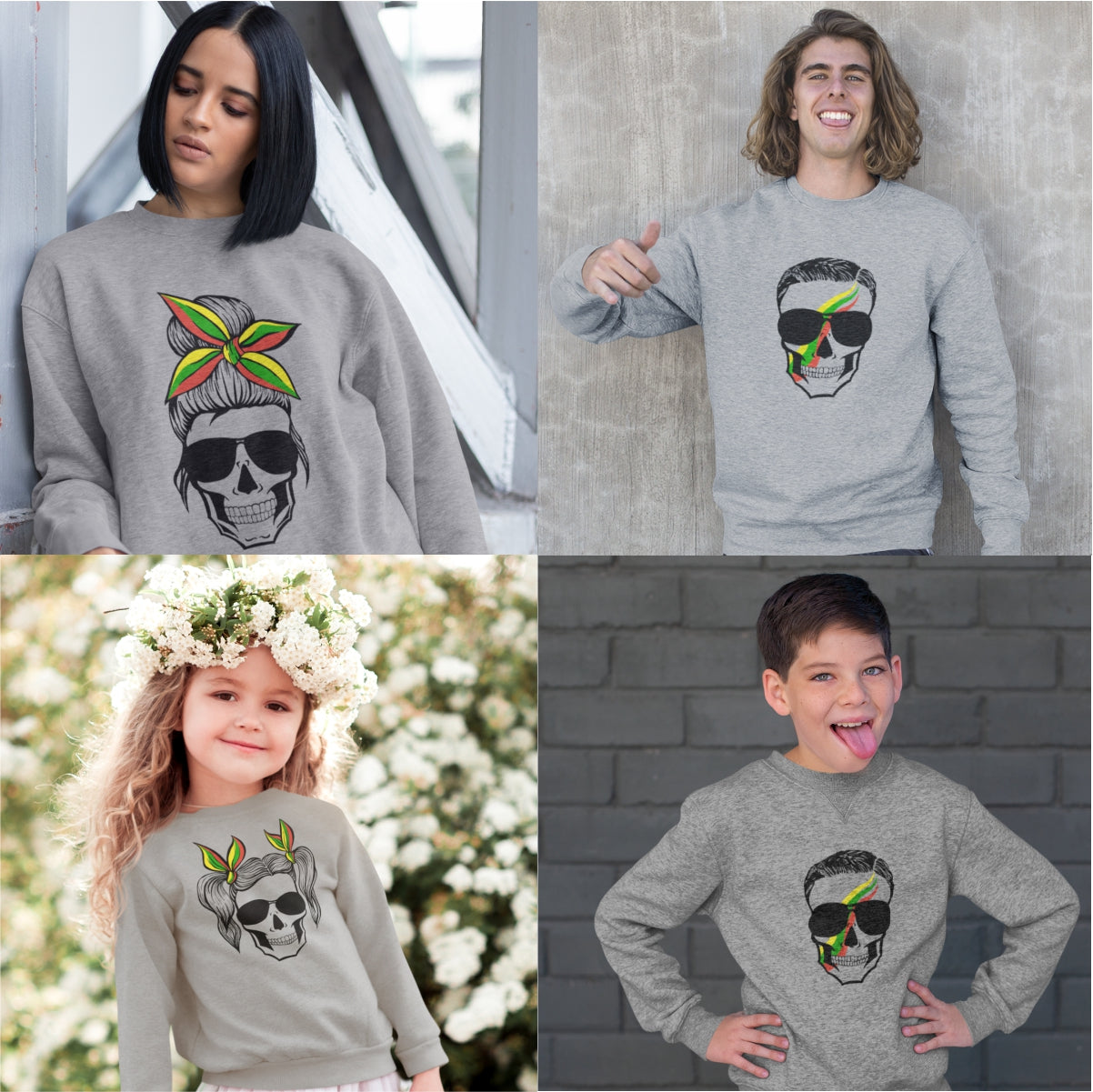 Pilkas UNISEX džemperis be gobtuvo "Pin up kaukolė" Pagaminta prekė (M, L)