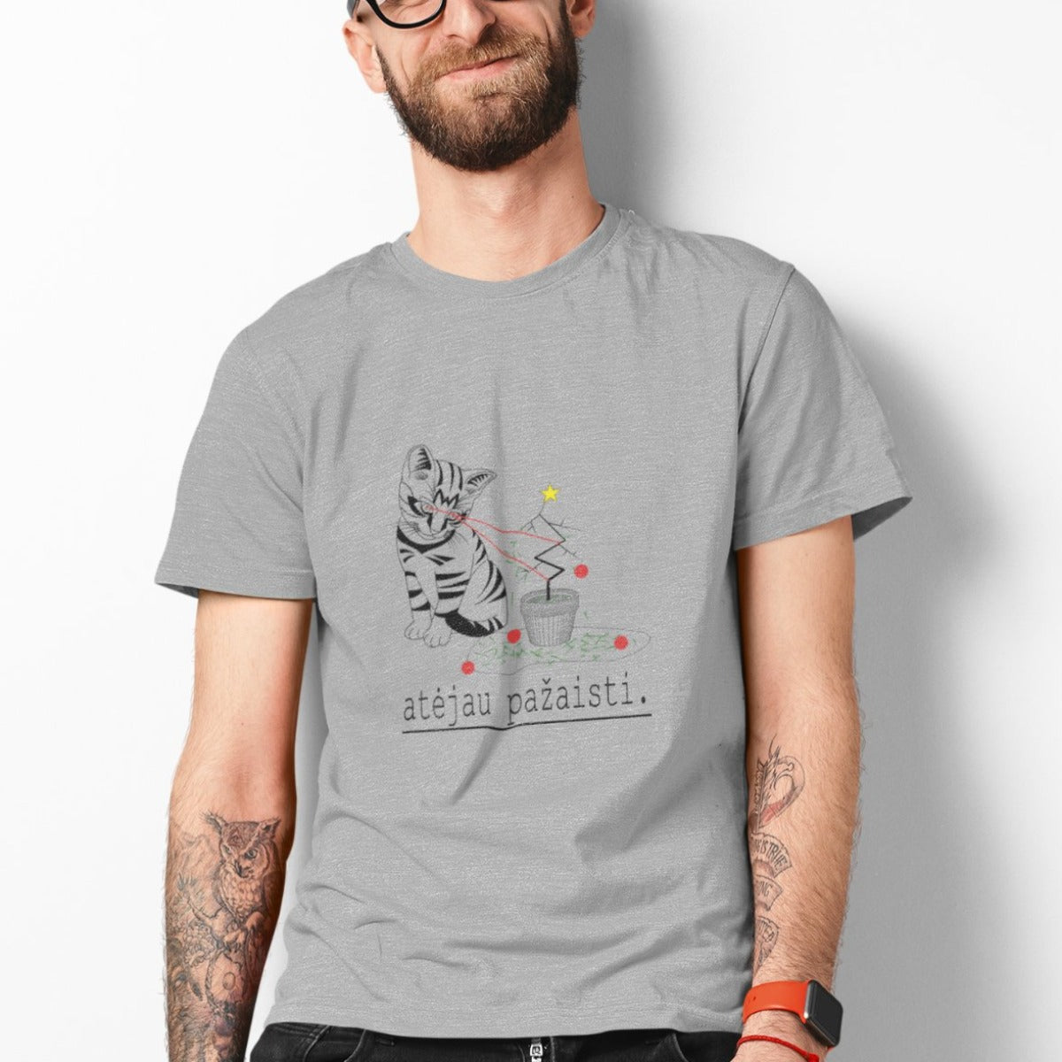 Pilki melanžiniai UNISEX kalėdiniai marškinėliai "Atėjau pažaisti"