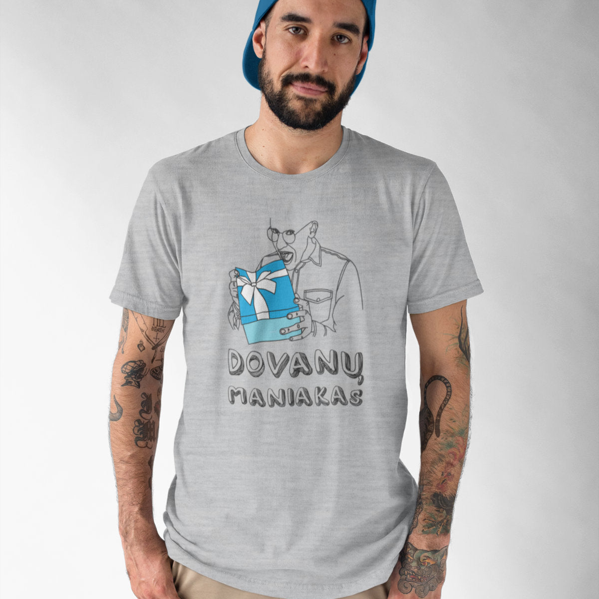 Pilki melanžiniai UNISEX kalėdiniai marškinėliai "Dovanų maniakas"