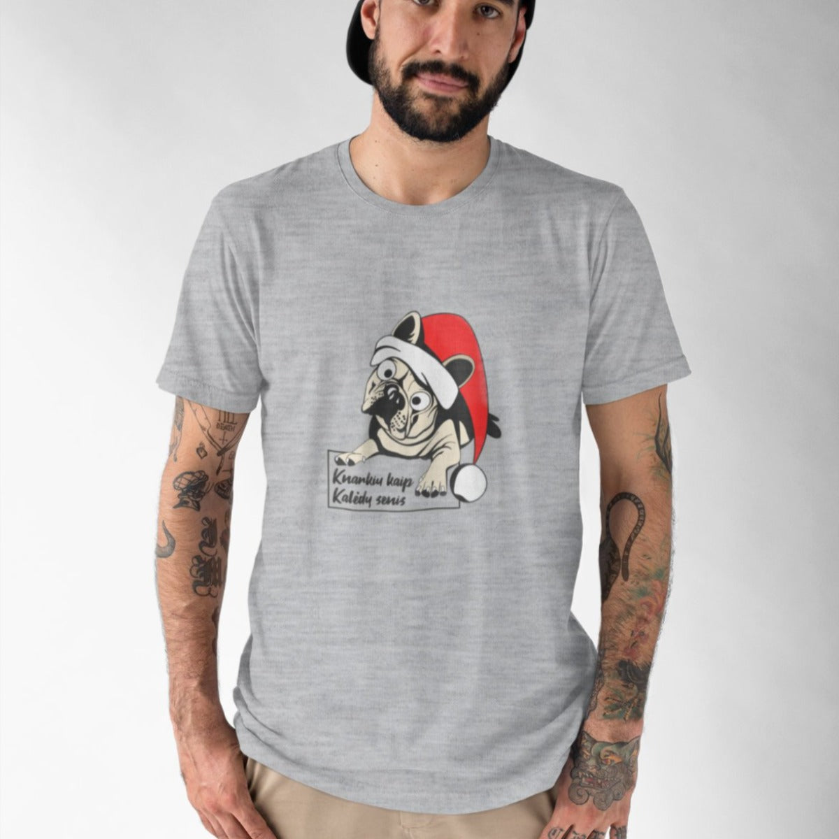 Pilki melanžiniai UNISEX kalėdiniai marškinėliai "Knarkiu kaip Kalėdų senis"