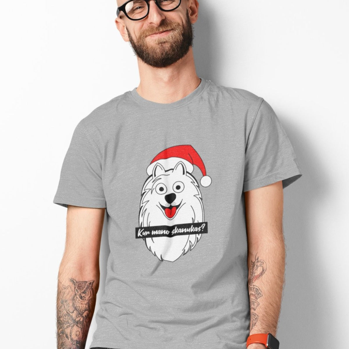 Pilki melanžiniai UNISEX kalėdiniai marškinėliai "Kur mano skanukas"