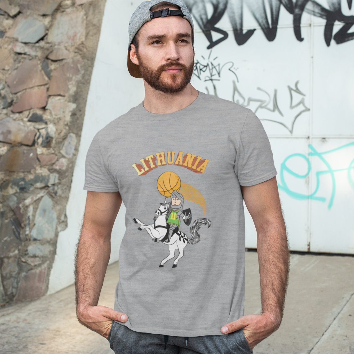 Pilki melanžiniai UNISEX marškinėliai "Lietuvos krepšinio herojus"