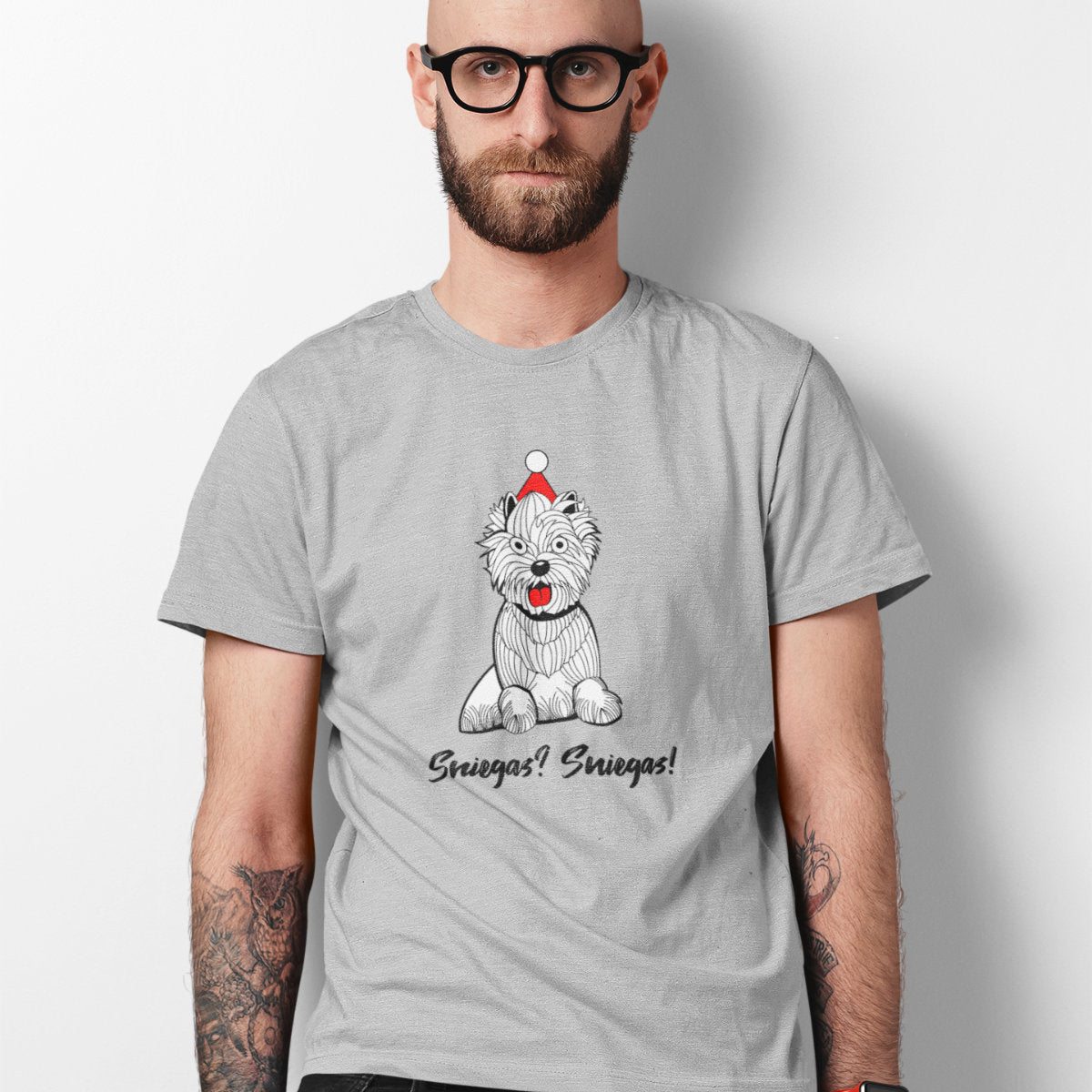 Pilki melanžiniai UNISEX kalėdiniai marškinėliai "Sniegas? Sniegas!"