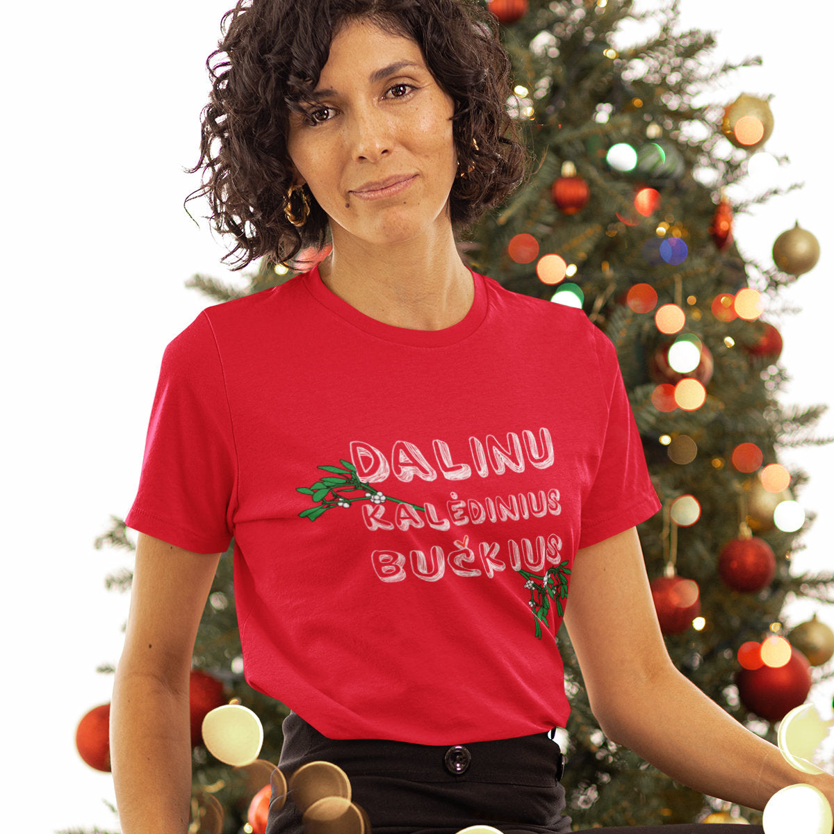 Raudoni UNISEX kalėdiniai marškinėliai "Dalinu Kalėdinius bučkius"