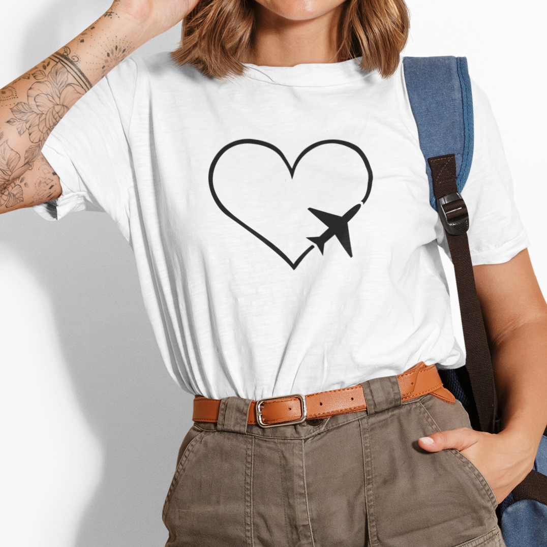 Balti ekologiškos medvilnės marškinėliai "Myliu keliones"