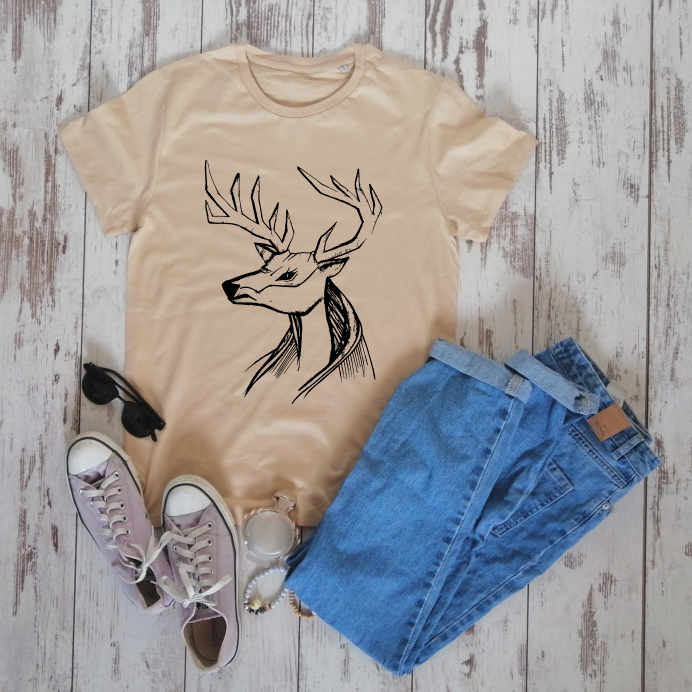 Smėlio spalvos ekologiškos medvilnės marškinėliai "Pieštas elnias"