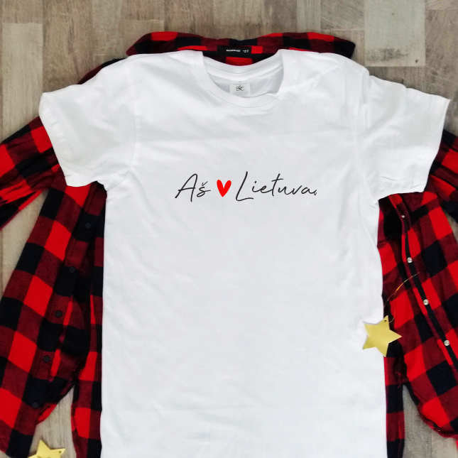 Balti marškinėliai  UNISEX "Meilė Lietuvai" PASKUTINIAI VIENETAI (S, M, L, XL dydžiai)