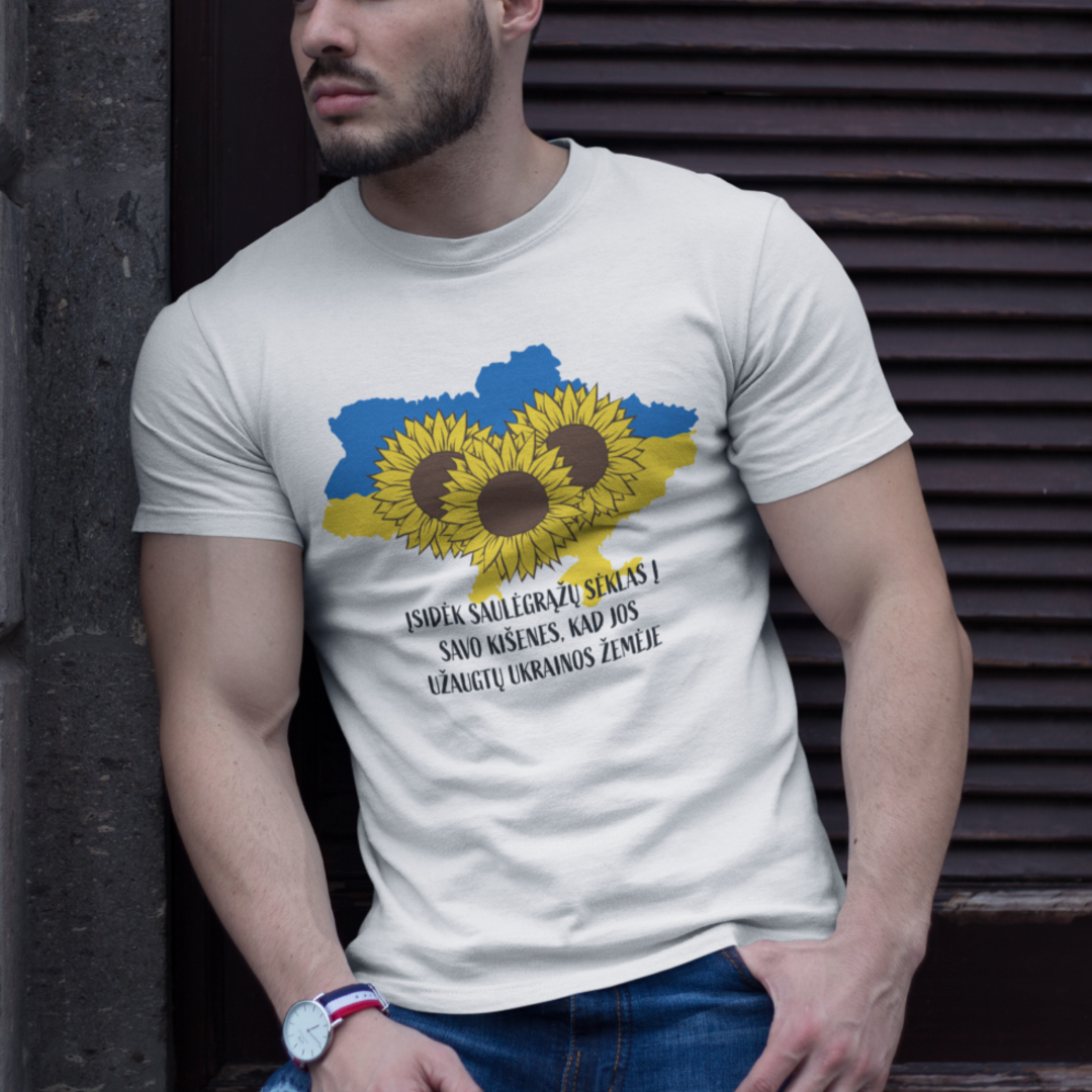 Balti UNISEX marškinėliai - Saulėgrąžos Slava Ukraini