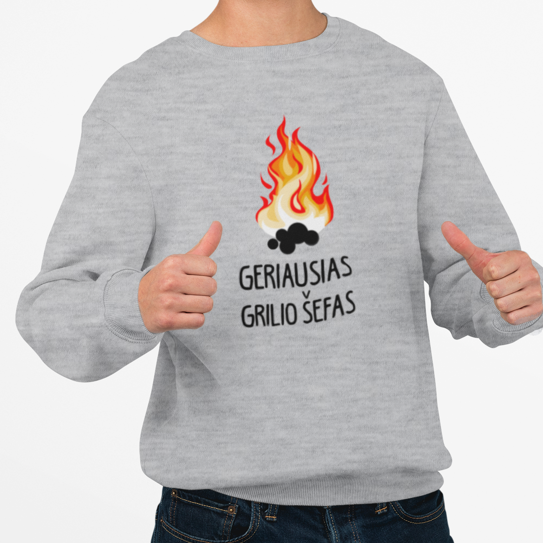 Pilkas melanžinis UNISEX džemperis be gobtuvo "Geriausias grilio šefas"