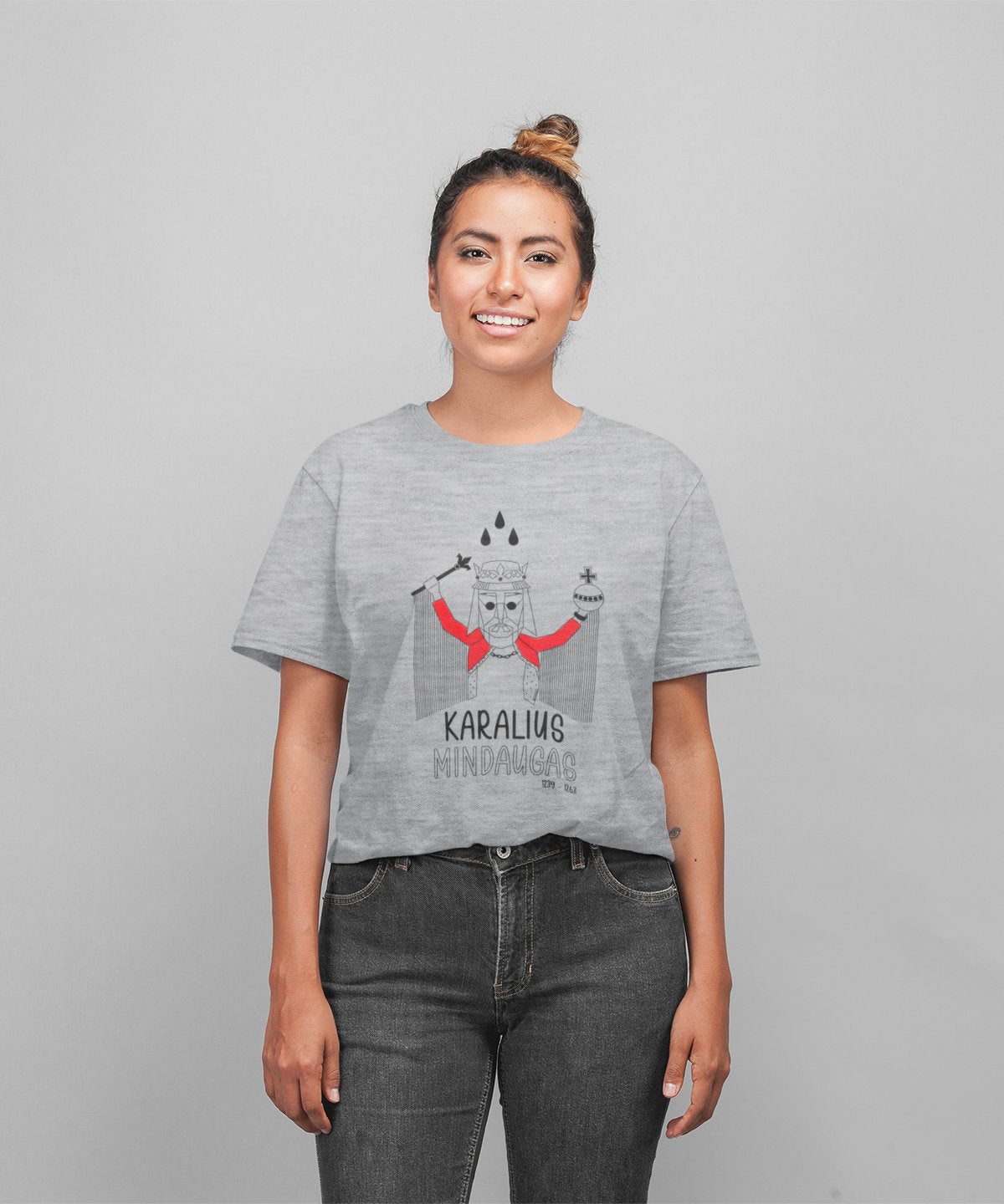 Pilki melanžiniai UNISEX marškinėliai "LDK KARALIUS MINDAUGAS SU UŽRAŠU"