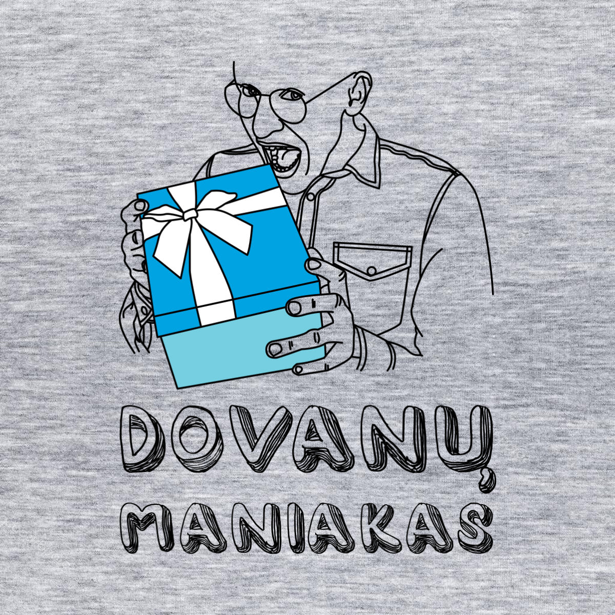 Pilki melanžiniai UNISEX kalėdiniai marškinėliai "Dovanų maniakas"