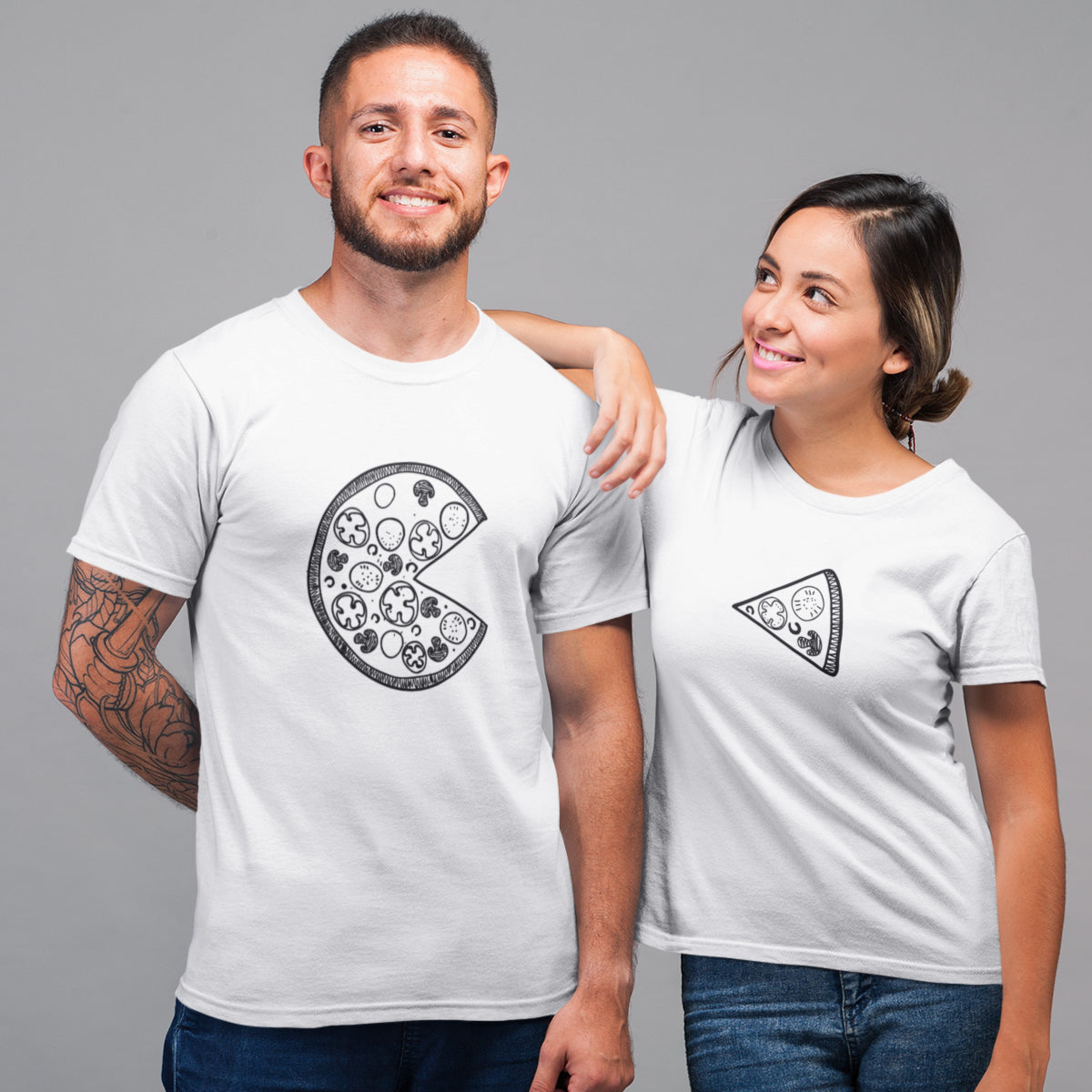 Balti unisex marškinėliai poroms su piešiniais "Pica“ Moteriškas dizainas