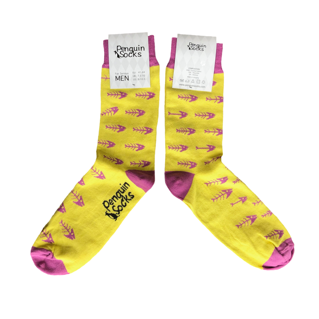 Žuvies kaulas - Linksmos geltonos kojinės vyrams (Penguin socks)