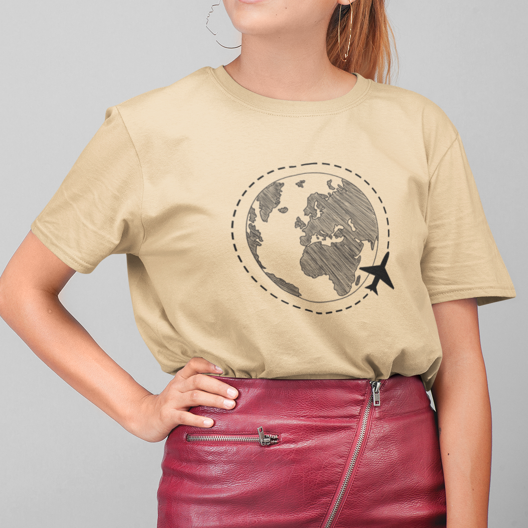 Smėlio spalvos ekologiškos medvilnės marškinėliai "Keliautojas aplink pasaulį"