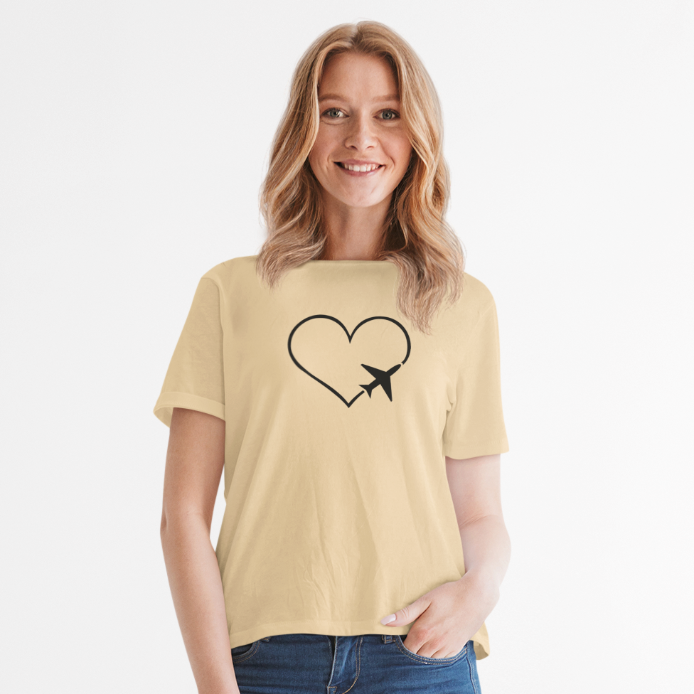 Smėlio spalvos ekologiškos medvilnės marškinėliai "Myliu keliones"