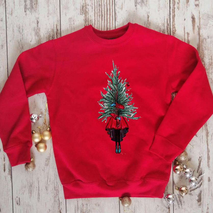 Vaikiškas raudonas megztinis Kalėdoms "Eglutė"