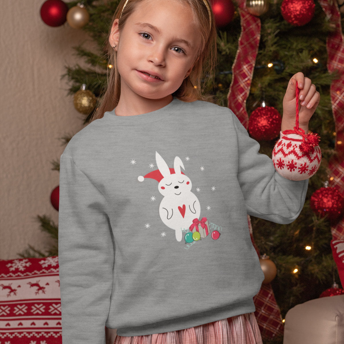 Vaikiškas pilkas melanžinis kalėdinis džemperis "Kalėdų zuikutis"