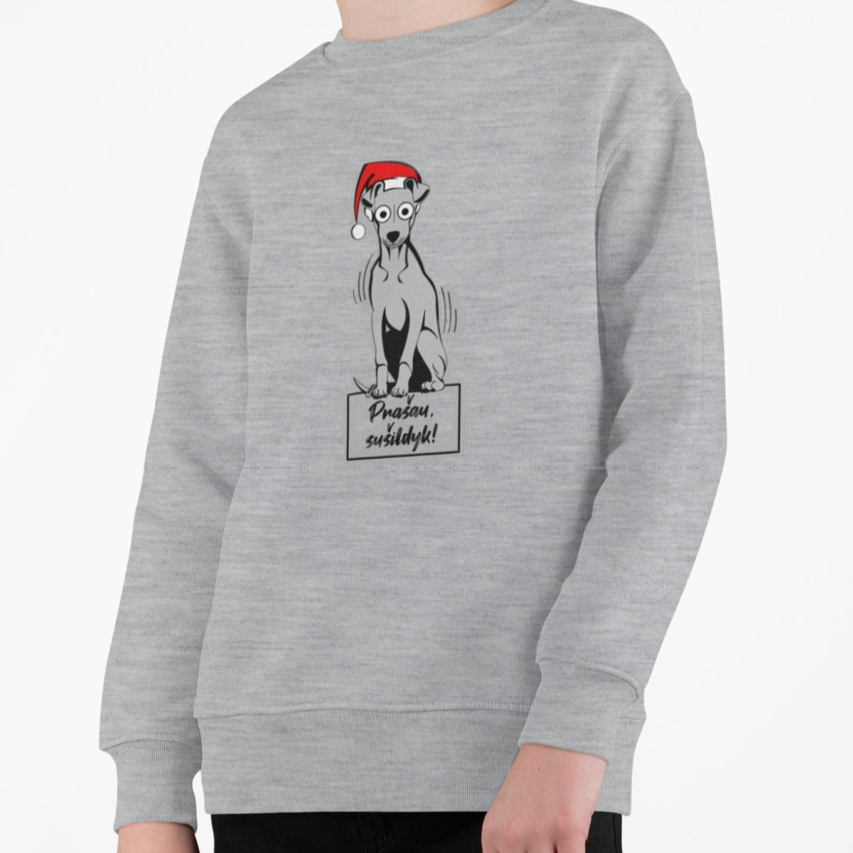 Vaikiškas pilkas melanžinis kalėdinis džemperis "Prašau sušildyk"
