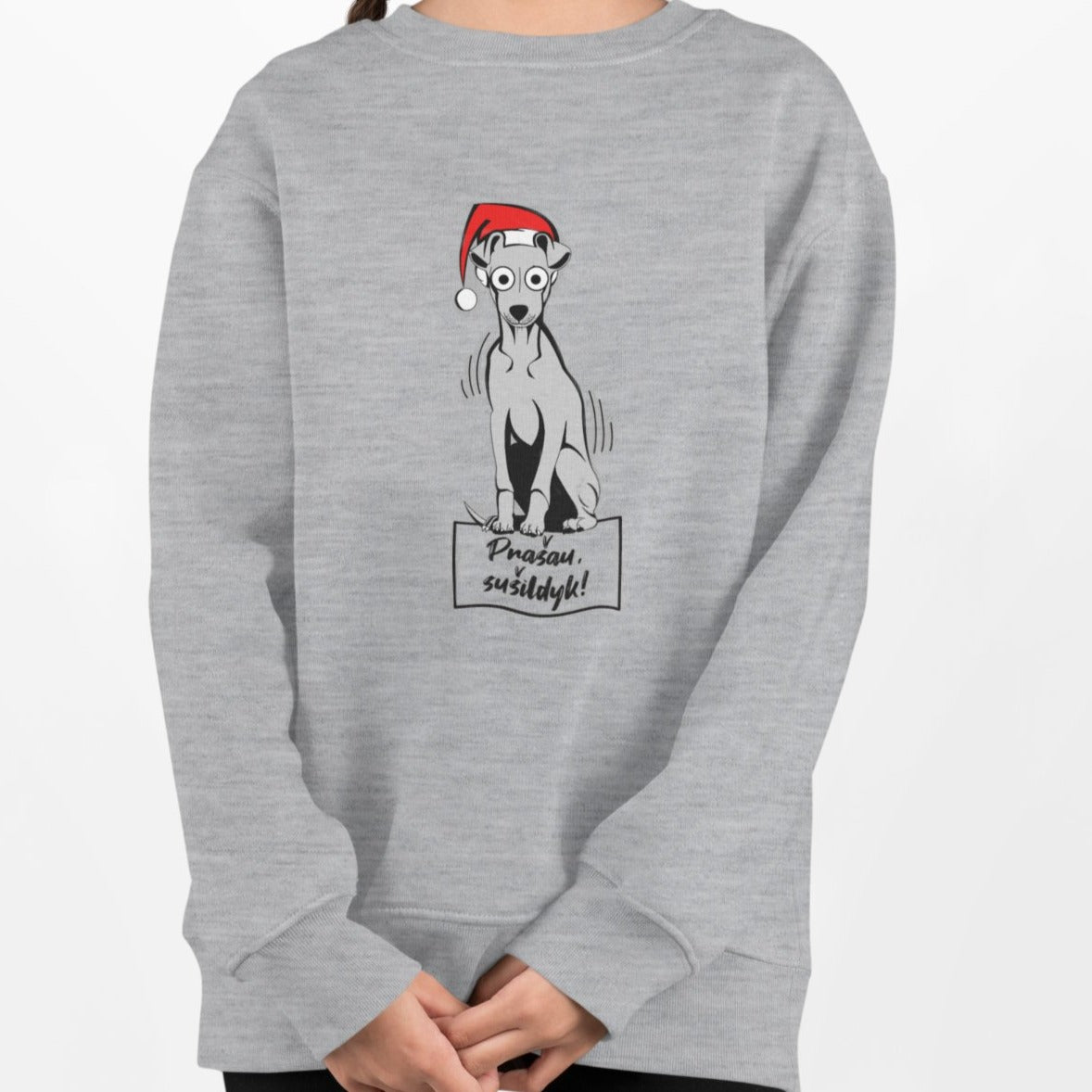 Vaikiškas pilkas melanžinis kalėdinis džemperis "Prašau sušildyk"