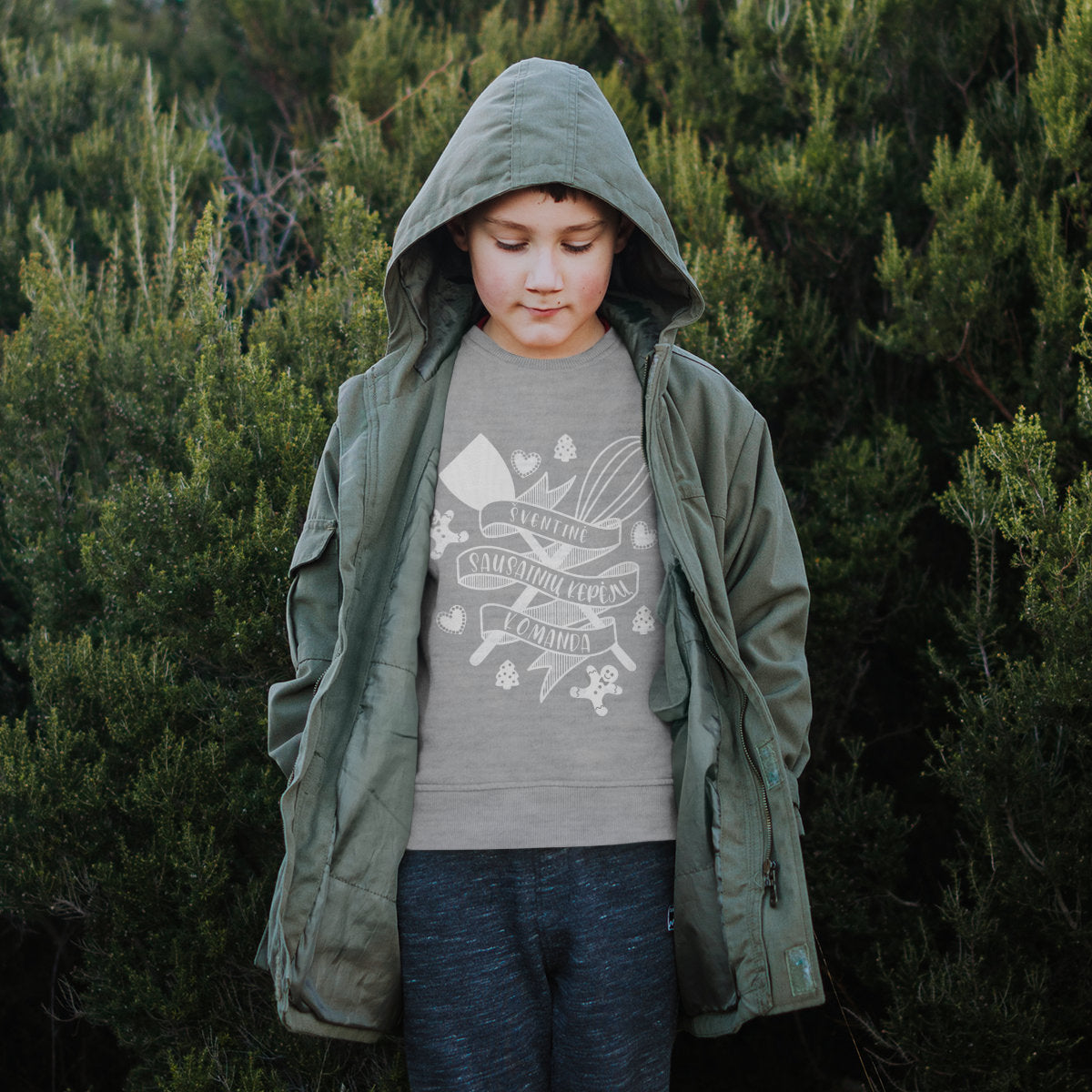 Vaikiškas pilkas melanžinis kalėdinis džemperis "Sausainiu kepejai"