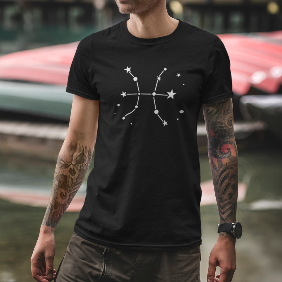 Juodi unisex marškinėliai zodiakas "Žuvys“ Pagaminta prekė (2XL dydis)