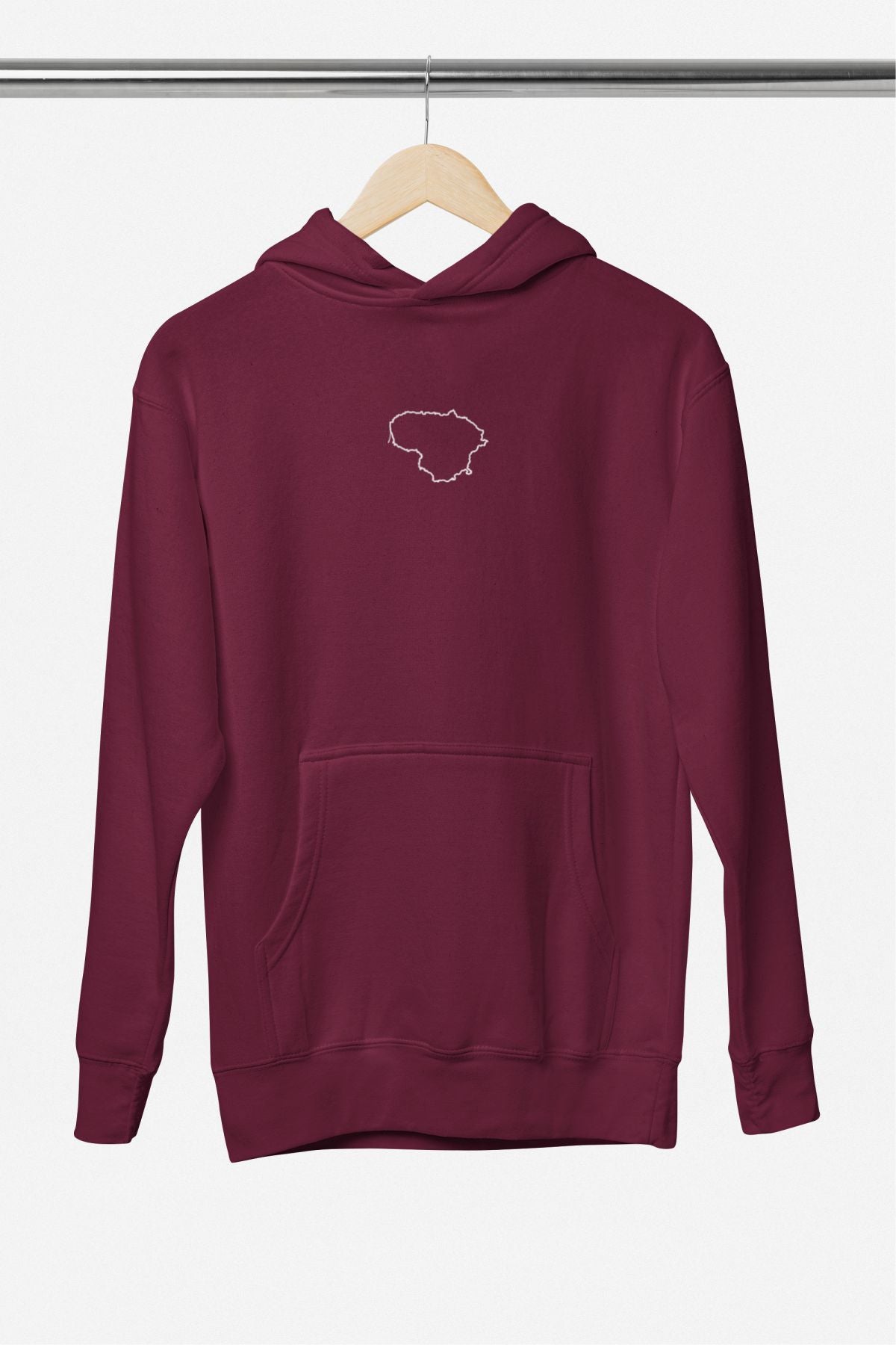 Burgundiškas UNISEX džemperis su gobtuvu "Balti Lietuvos kontūrai" PASKUTINIAI VIENETAI (KIng Hooded)