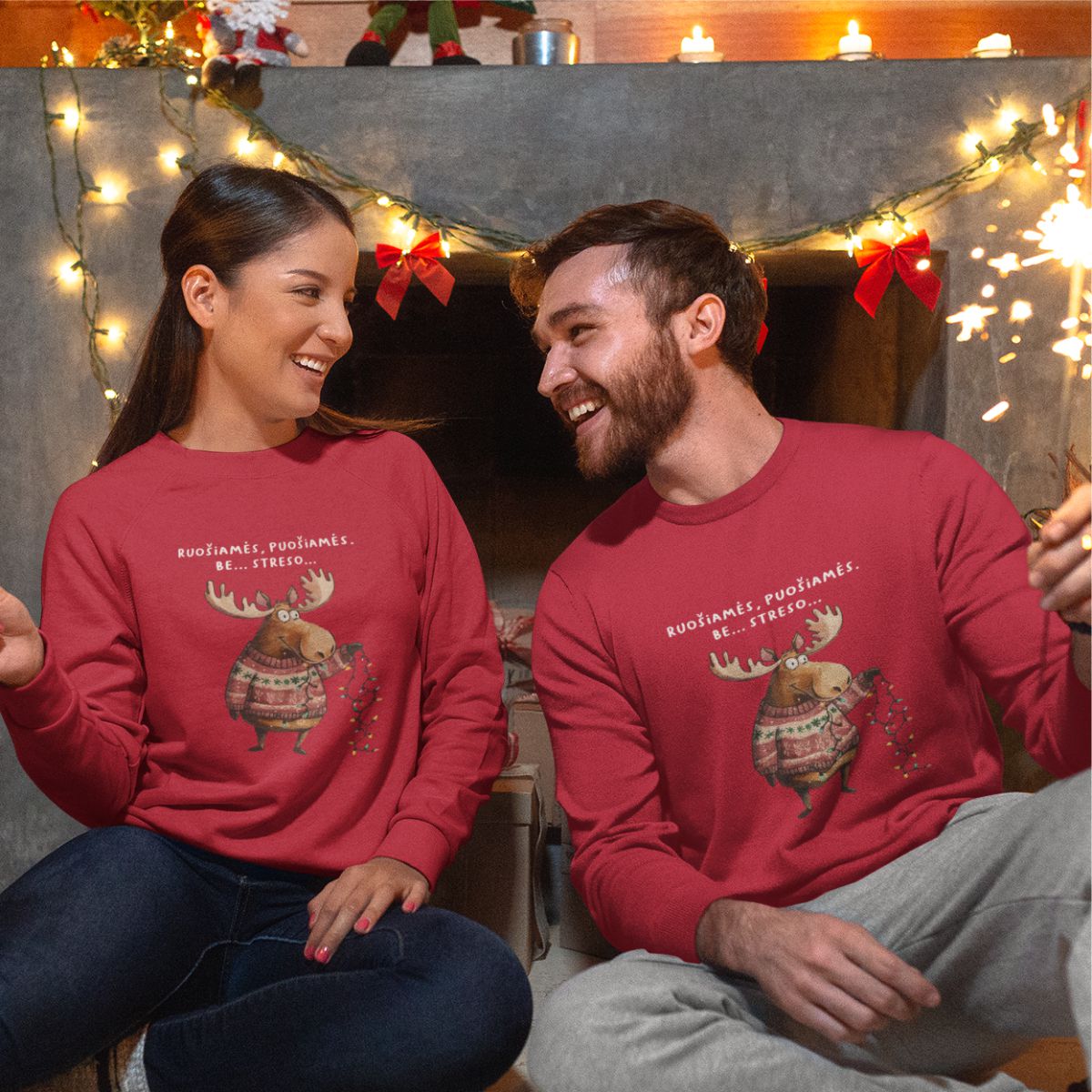 Raudoni džemperiai be gobtuvų poroms „Be streso“
