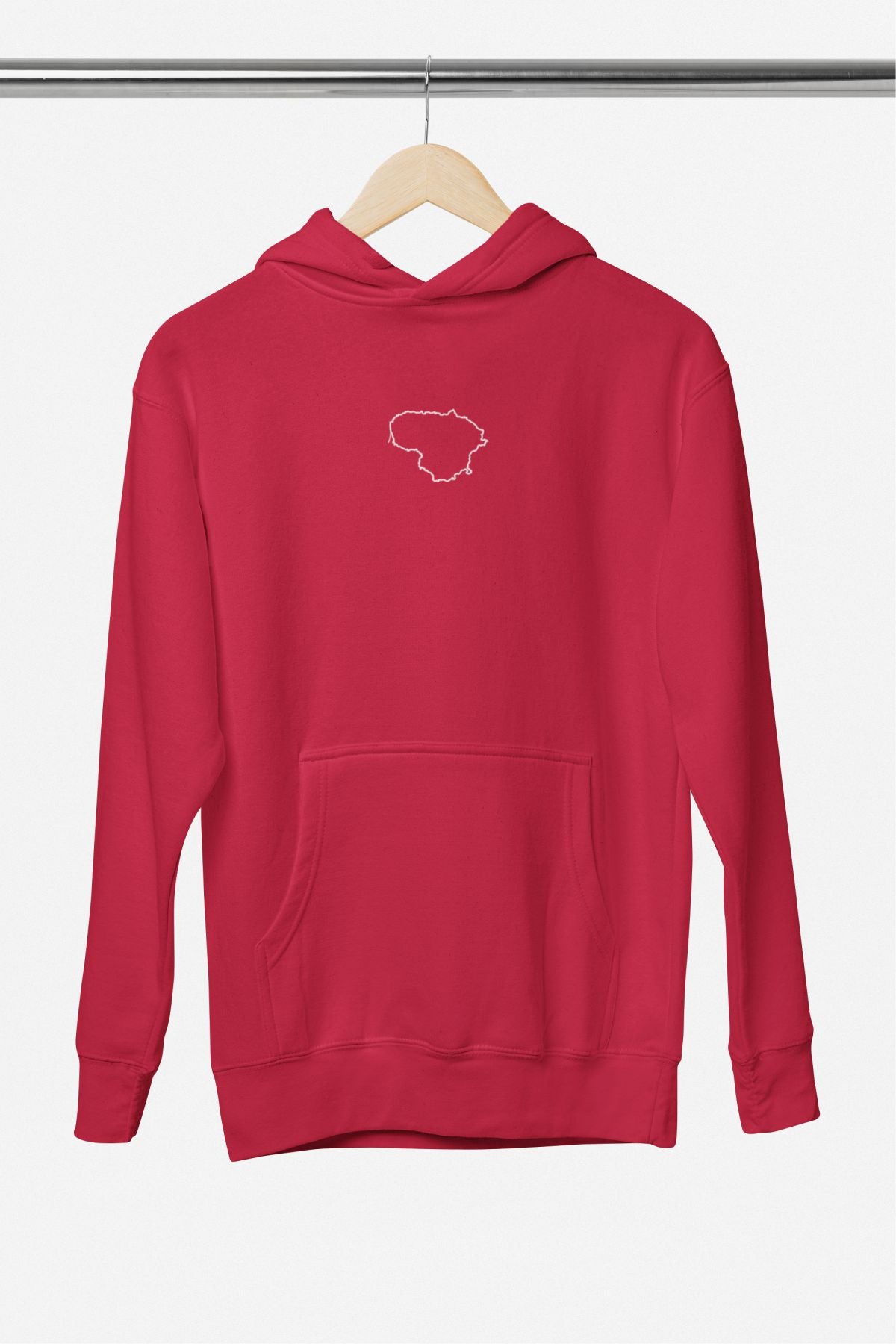 Raudonas UNISEX džemperis su gobtuvu "Balti Lietuvos kontūrai" PASKUTINIAI VIENETAI (Hooded)