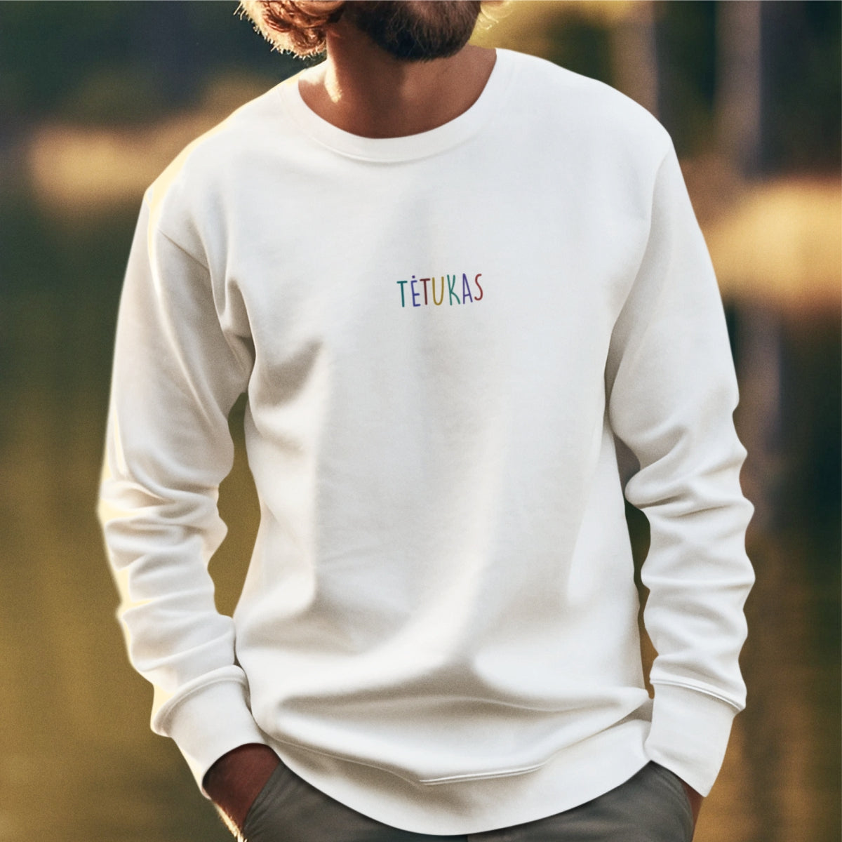 Baltas UNISEX džemperis be gobtuvo "Tėtukas naujas"