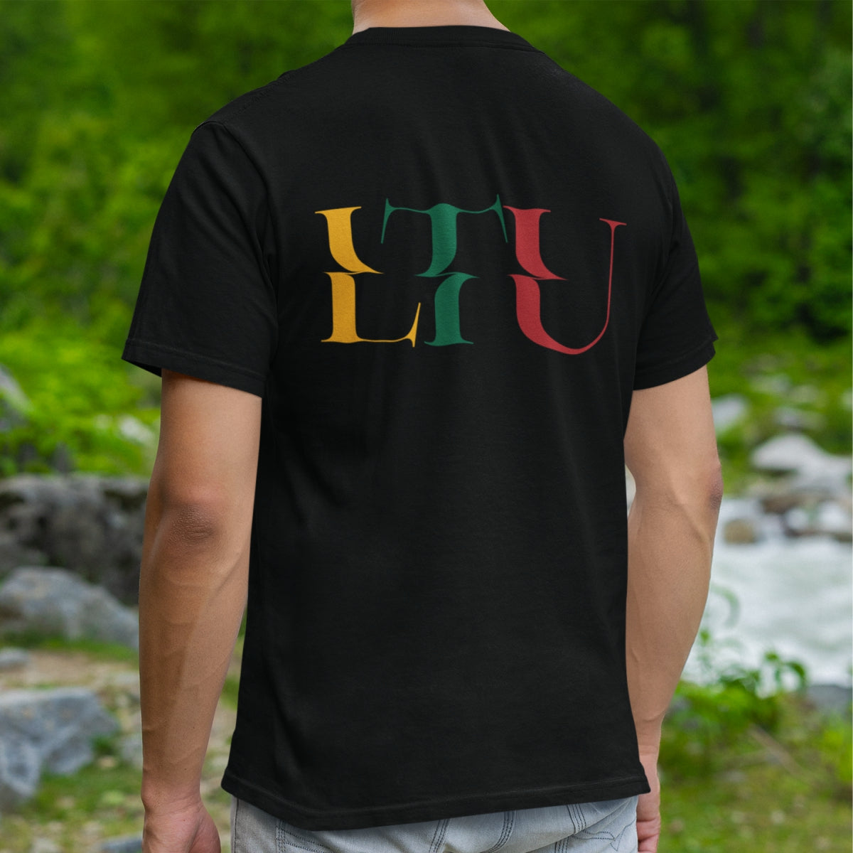 Juodi UNISEX marškinėliai su spauda ant nugaros  "LTU“