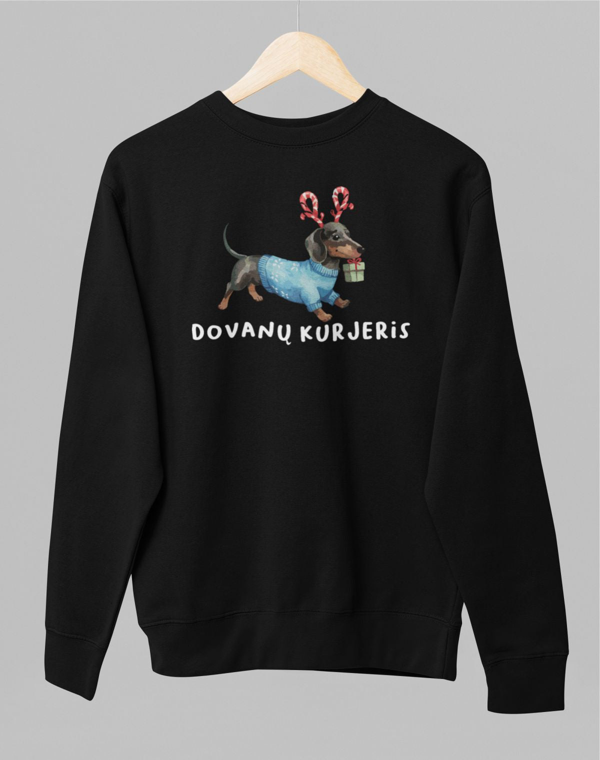 Juodas UNISEX džemperis be gobtuvo "Dovanų kurjeris"