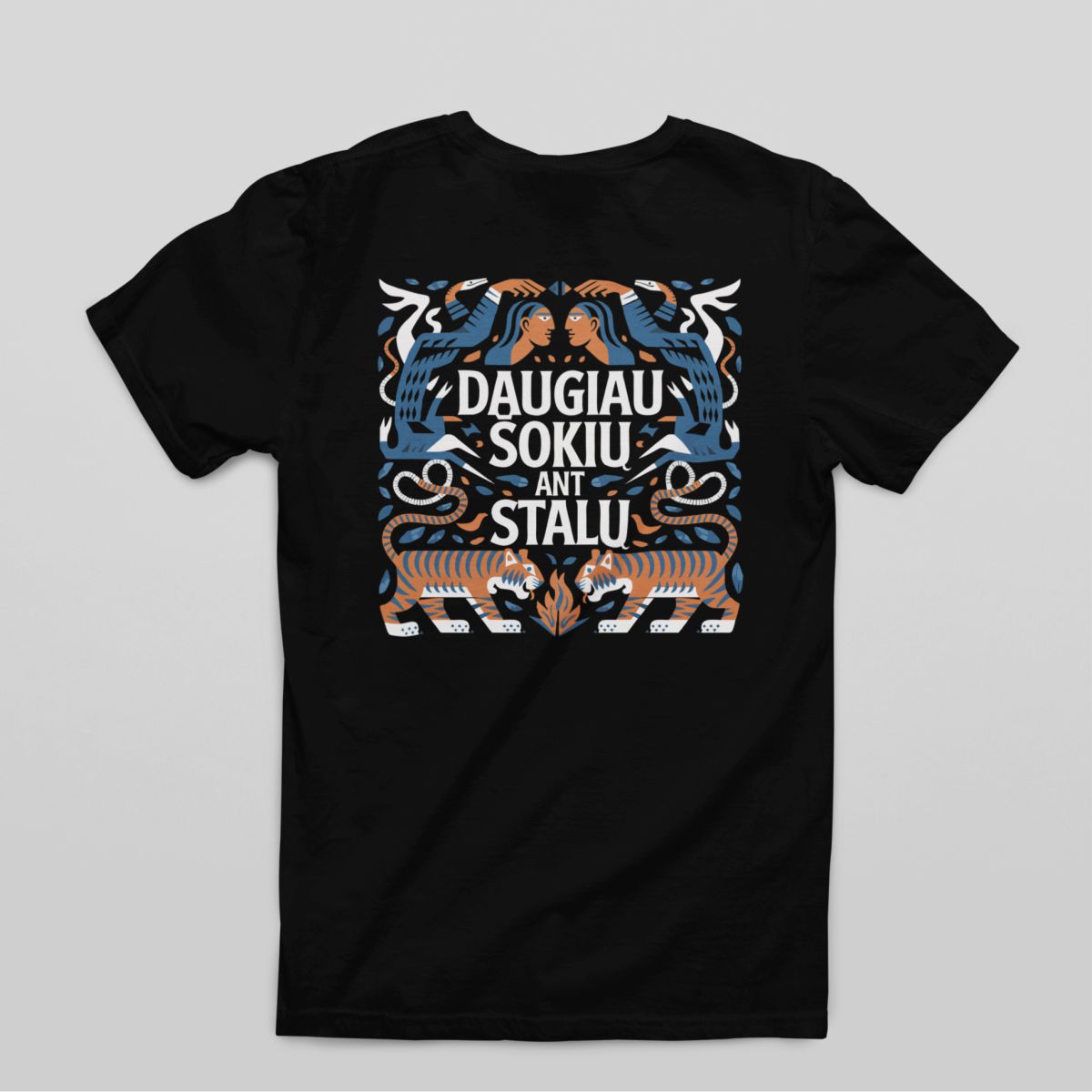 Juodi UNISEX marškinėliai su spauda ant nugaros "Daugiau šokių ant stalų"