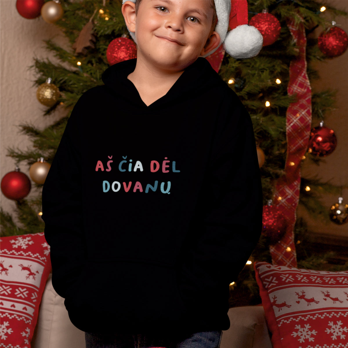 Vaikiškas juodas kalėdinis džemperis su gobtuvu "Aš čia dėl dovanų"