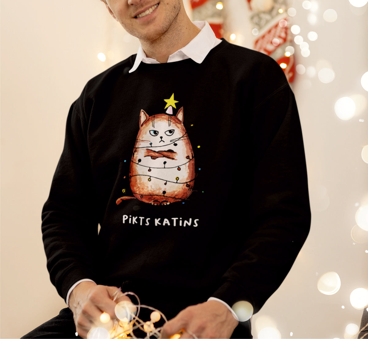 Juodas kalėdinis UNISEX džemperis "Pikts katins su užrašu"