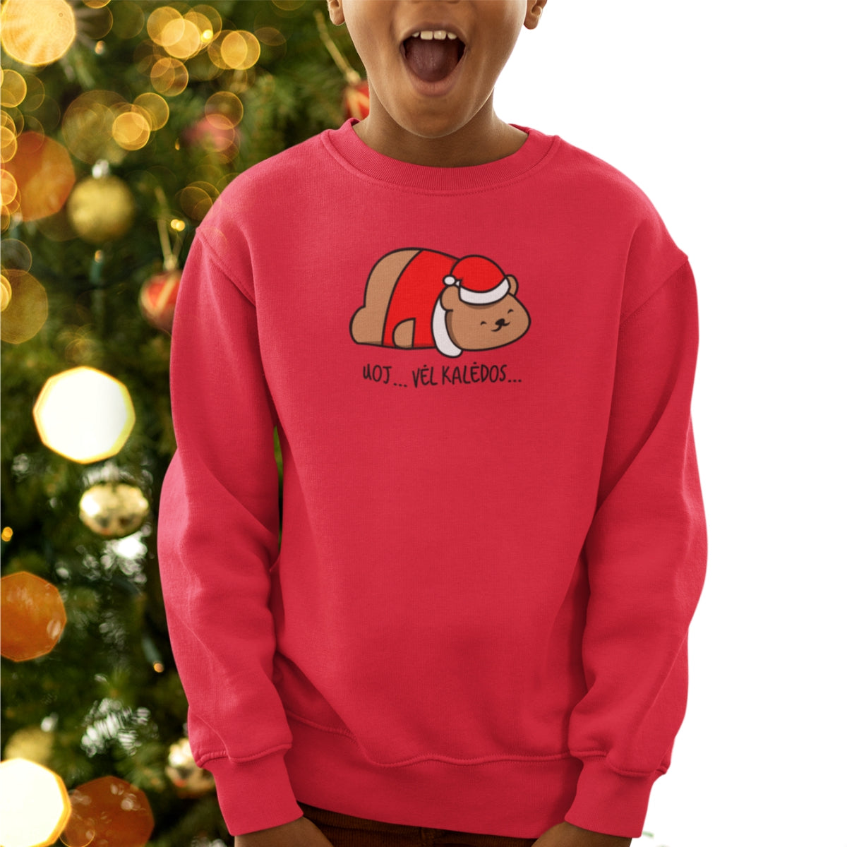 Raudonas vaikiškas kalėdinis džemperis "Uoj, vėl Kalėdos"