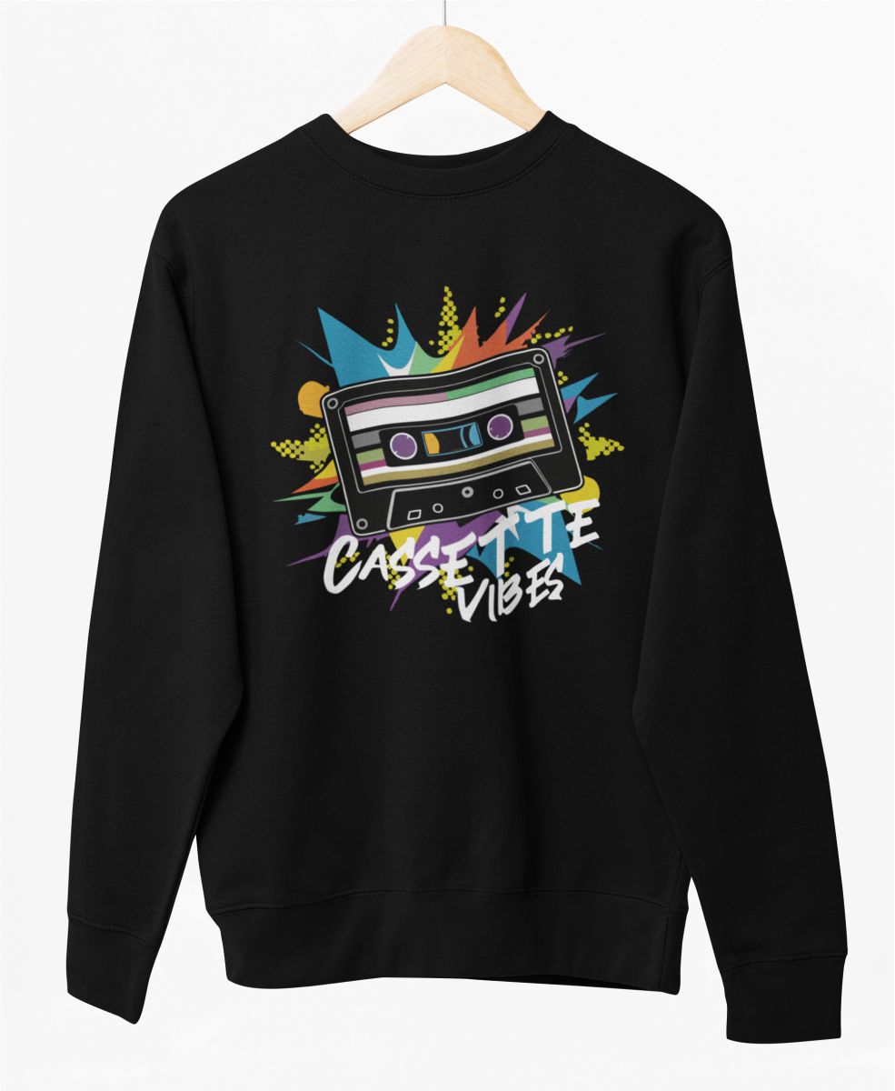 Juodas UNISEX džemperis be gobtuvo "Cassette vibes"