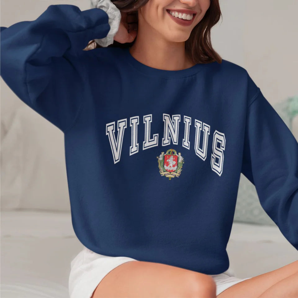 Mėlynas džemperis be gobtuvo "Vilnius su herbu" (2XLdydis). Pagaminta prekė. Greitas išsiuntimas!