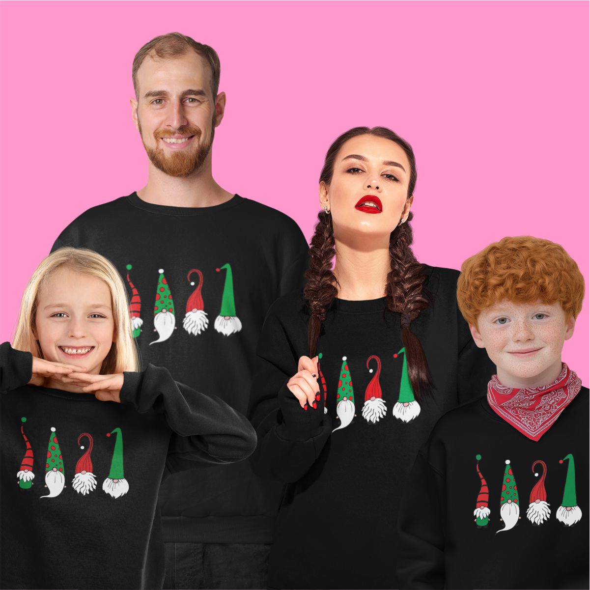 Juodi UNISEX džemperiai šeimoms "Keturi nykštukai"