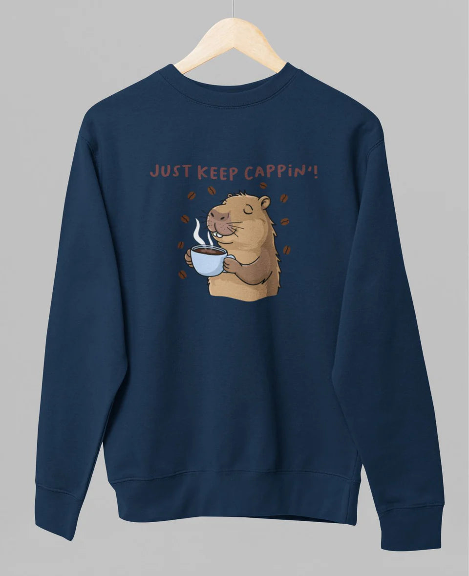 Mėlynas UNISEX džemperis be gobtuvo "Just keep cappin'" (M dydis). Pagaminta prekė. Greitas išsiuntimas!