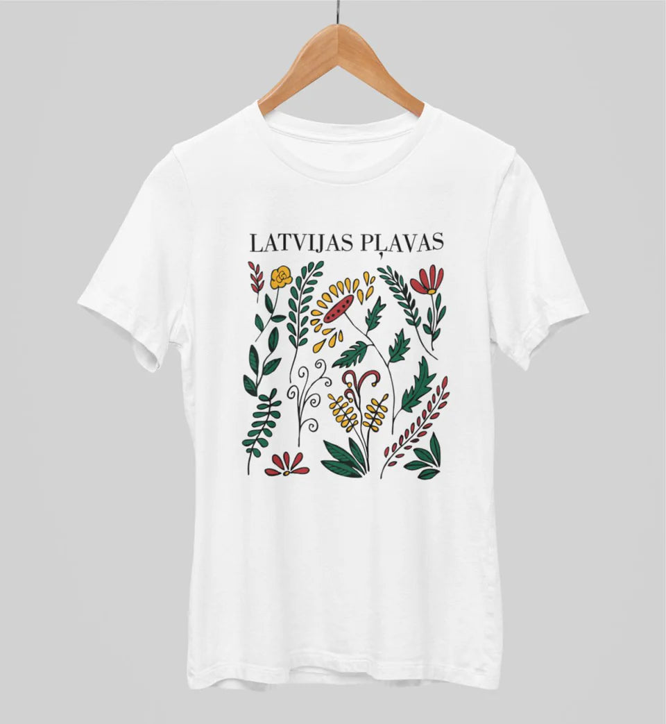 Balti UNISEX marškinėliai "Lietuvos pievos" SPAUDA ANT NUGAROS (M dydis) . Pagaminta prekė. Greitas išsiuntimas!