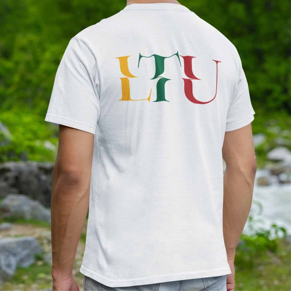 Balti UNISEX marškinėliai su spauda ant nugaros  "LTU“