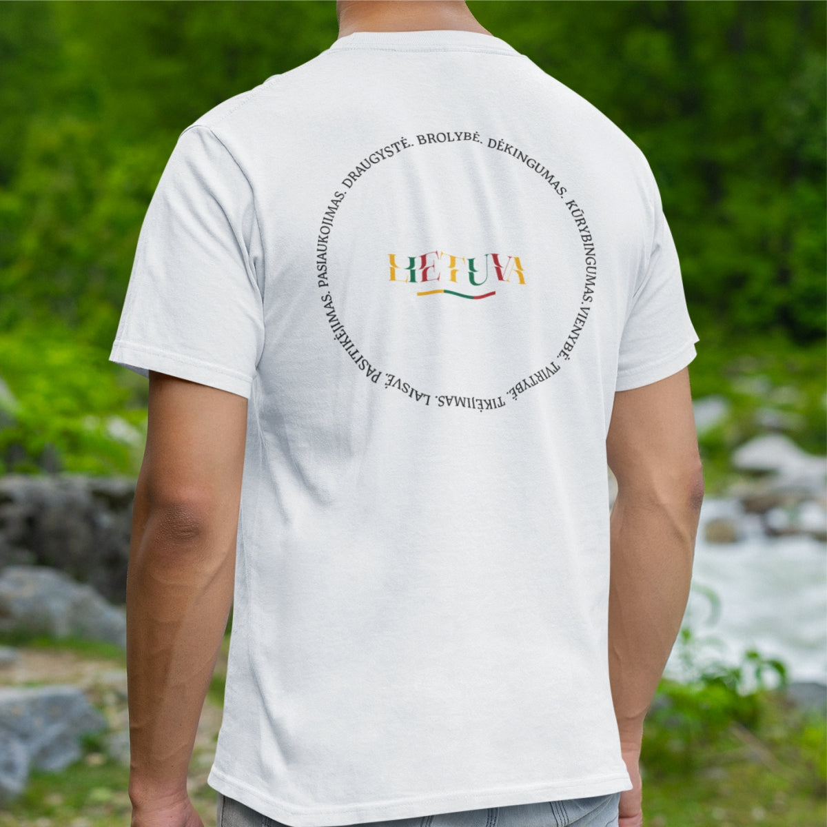 Balti UNISEX marškinėliai su spauda ant nugaros  "Brolybė“