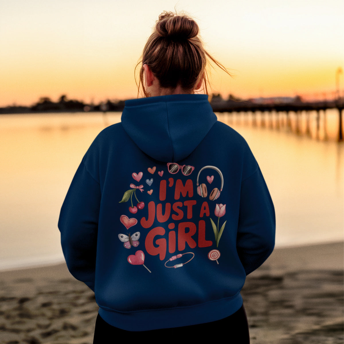 Mėlynas džemperis su gobtuvu ir spauda ant nugaros "I'm just a girl“