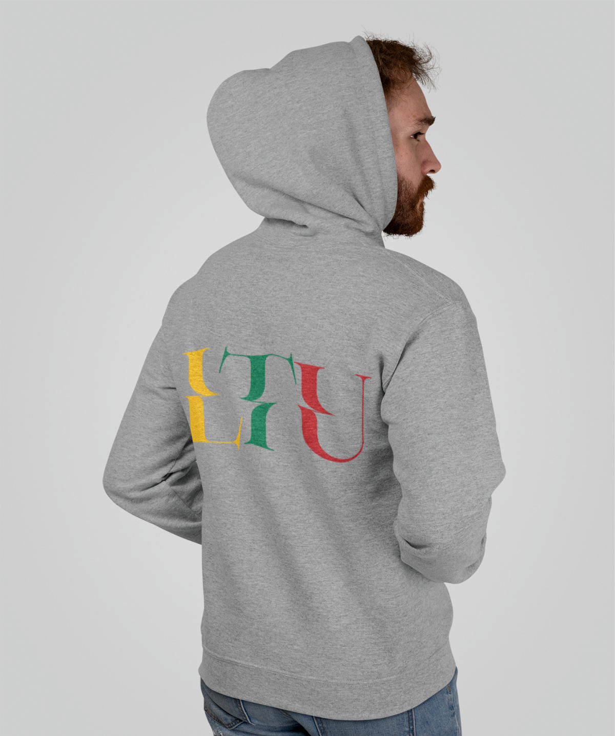 Pilkas džemperis su gobtuvu ir spauda ant nugaros "LTU“