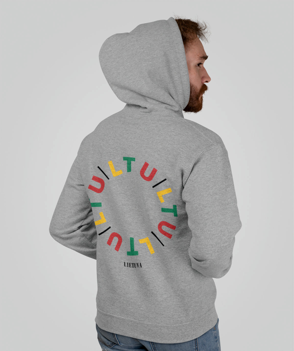 Pilkas džemperis su gobtuvu ir spauda ant nugaros "Lietuvybė“
