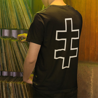 Juodi UNISEX marškinėliai su spauda ant nugaros  "Jogailaičių kryžiaus kontūrai“